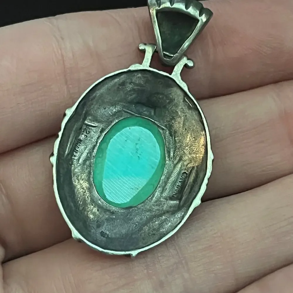 Vintage Blue turquoise cabochon stone 925 sterling silver Thailand oval pendant